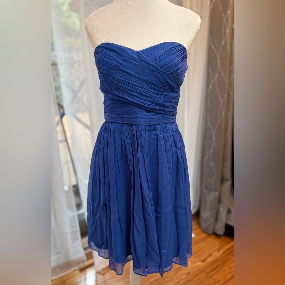 J. Crew Arabelle Crinkle Dress Strapless Blue Silk Chiffon Size 8 *FLAW*